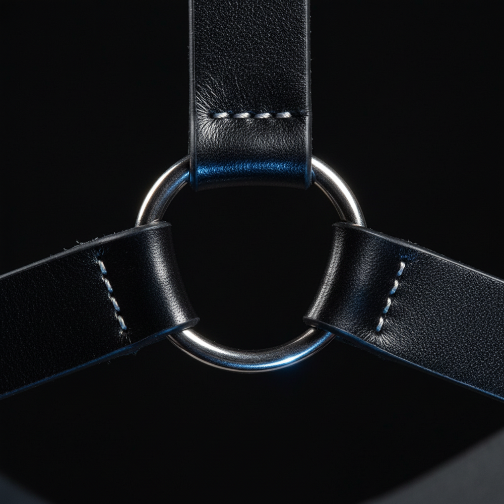 Close-up of a black leather bondage harness with silver O-rings and white stitching