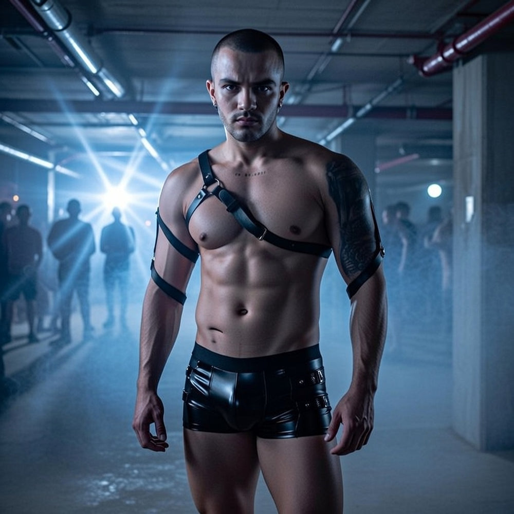 Front-facing model wearing a black leather restraint harness and shorts