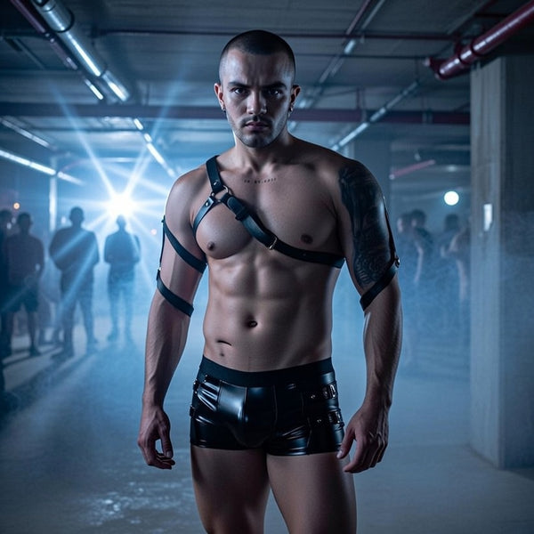 Front-facing model wearing a black leather restraint harness and shorts