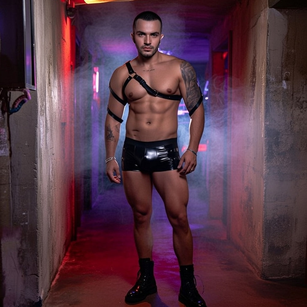 Obsidian Fantasy Restraint Suit harness on a muscular, tattooed person in black boots and latex shorts