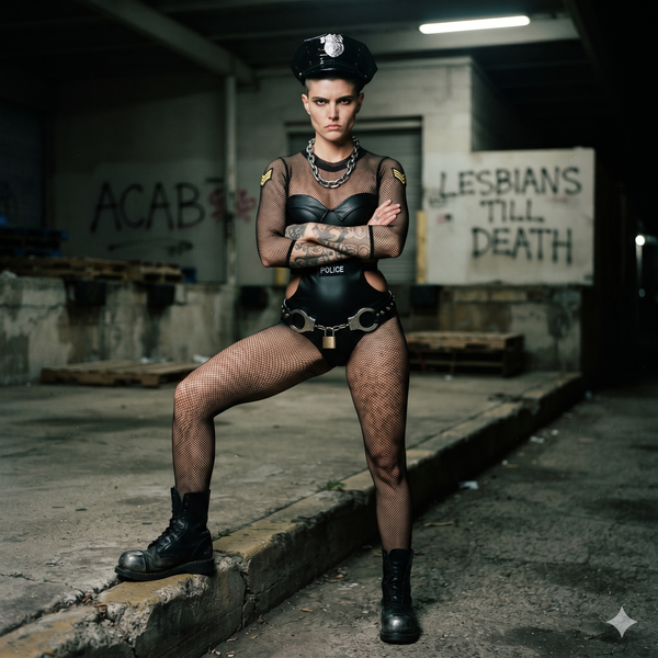 Front-facing model in a black police-themed kink costume with fishnet sleeves and handcuffs