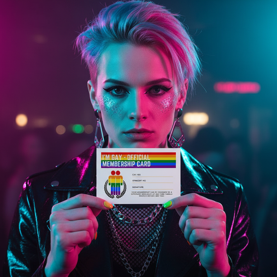 Official Gay Membership Card Postcard held by person with short rainbow hair, glitter makeup, leather jacket, earrings