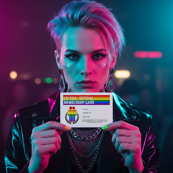 Official Gay Membership Card Postcard held by person with short rainbow hair, glitter makeup, leather jacket, earrings