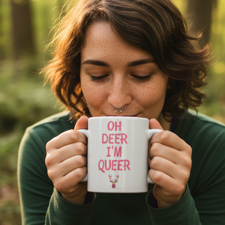 Person holds a white mug reading “OH DEER I’M QUEER” toward the camera