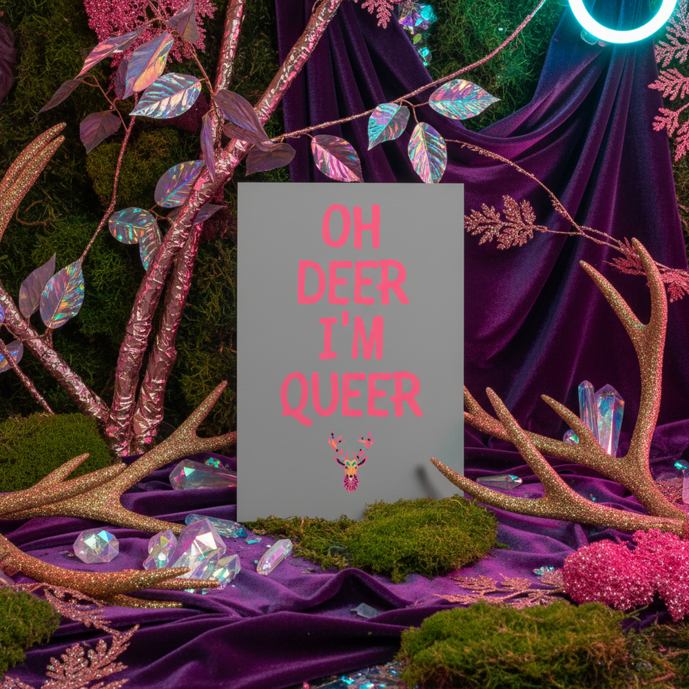 Postcard with “Oh Deer Im Queer” in bold pink, pink deer head on gray, edged by moss, antlers, crystals, leaves