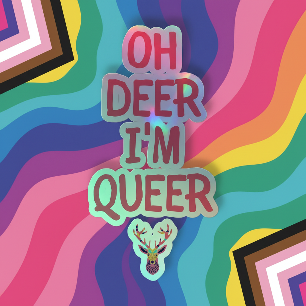 Holographic sticker with bold pink "Oh Deer I'm Queer" text, rainbow waves, and a vibrant deer head
