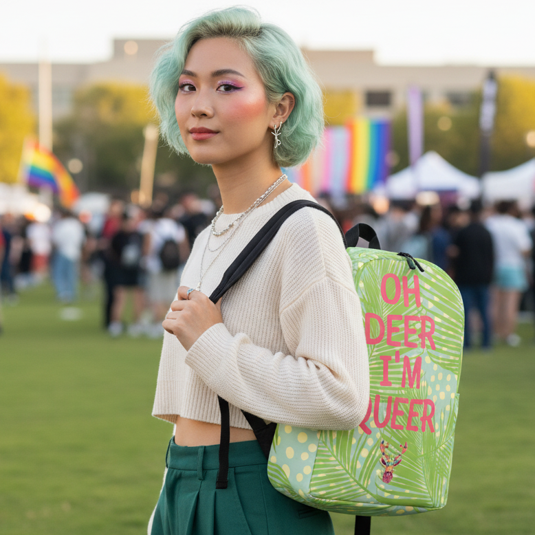 Person wearing a leafy green backpack reading “OH DEER I’M QUEER” at a Pride event