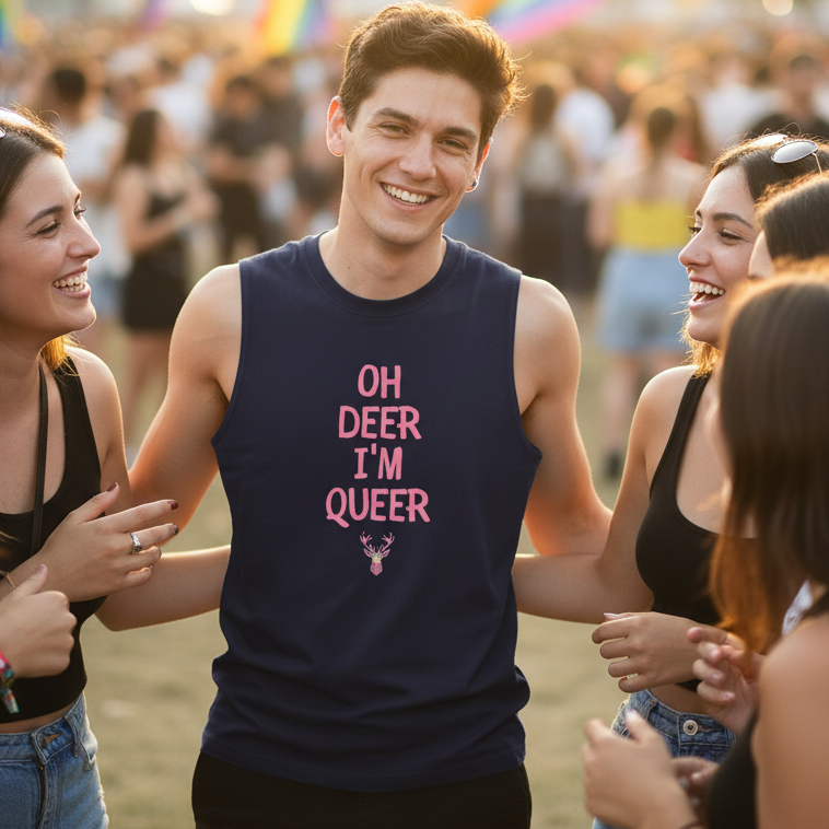 Oh Deer Im Queer muscle top on a grinning queer guy, chilling with friends at a sunny outdoor fest