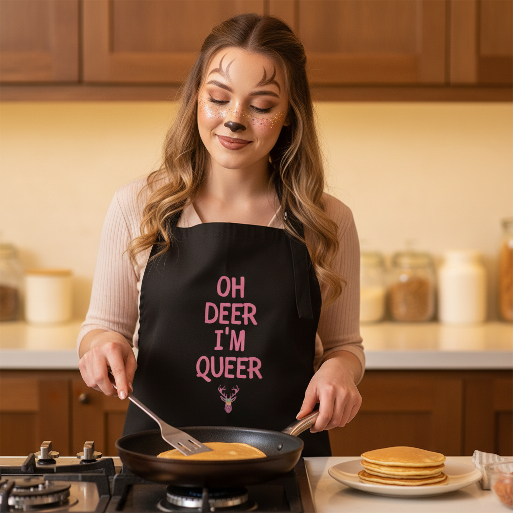 Person cooking pancakes while wearing a black apron reading “OH DEER I’M QUEER”