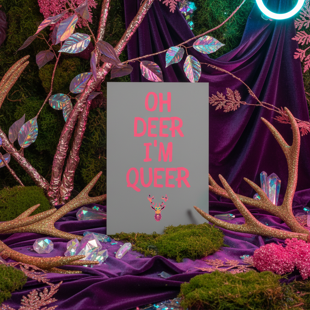 Postcard with “Oh Deer Im Queer” in bold pink, pink deer head on gray, edged by moss, antlers, crystals, leaves