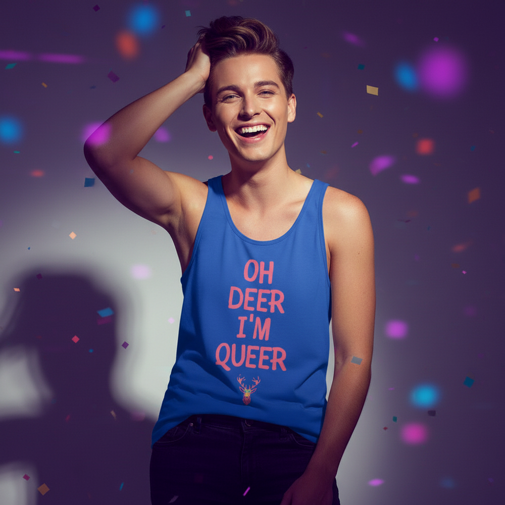 Oh Deer I'm Queer unisex tank top in bold pink lettering with a deer graphic, worn proudly at a festive