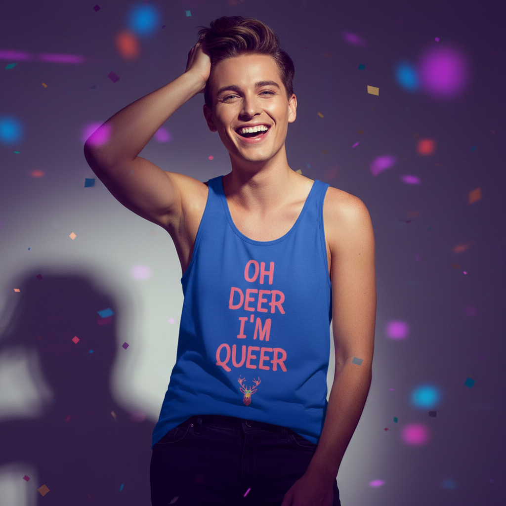 Oh Deer I'm Queer unisex tank top in bold pink lettering with a deer graphic, worn proudly at a festive