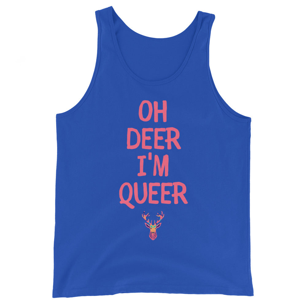 Blue tank top reading “OH DEER I'M QUEER,” with a small deer graphic