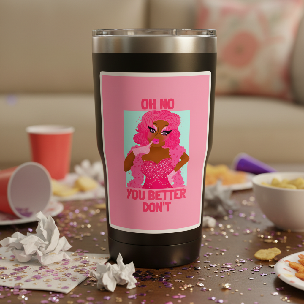 Bubble-Free Sticker with bold "Oh No You Betta Don't" slogan and a pink-haired drag queen on a steel tumbler