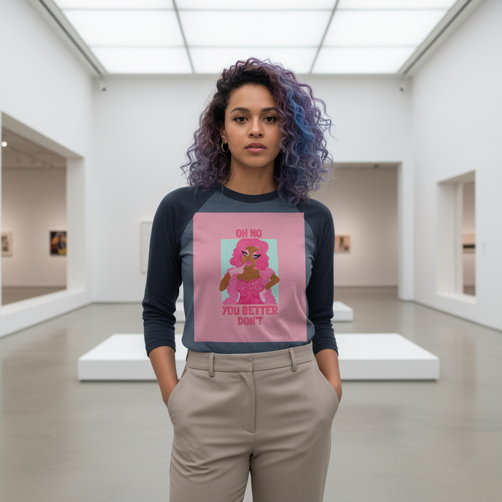 3/4 sleeve raglan shirt in blue and gray with “Oh No You Better Dont,” pink dino graphic