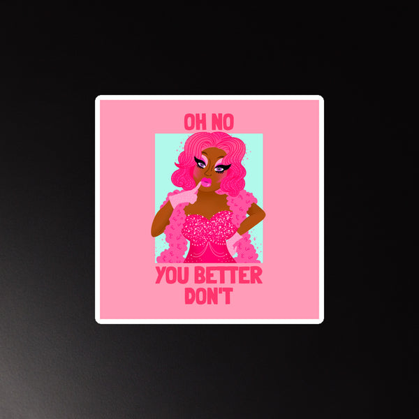 Rectangular magnet with a fierce illustrated drag queen—pink hair, glitter gown, feather boa—on black