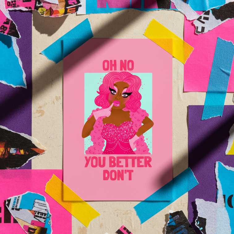 Postcard with a fierce, pink-haired person in a sparkly look, posing under the slogan “OH NO YOU BETTER DONT.” Bold