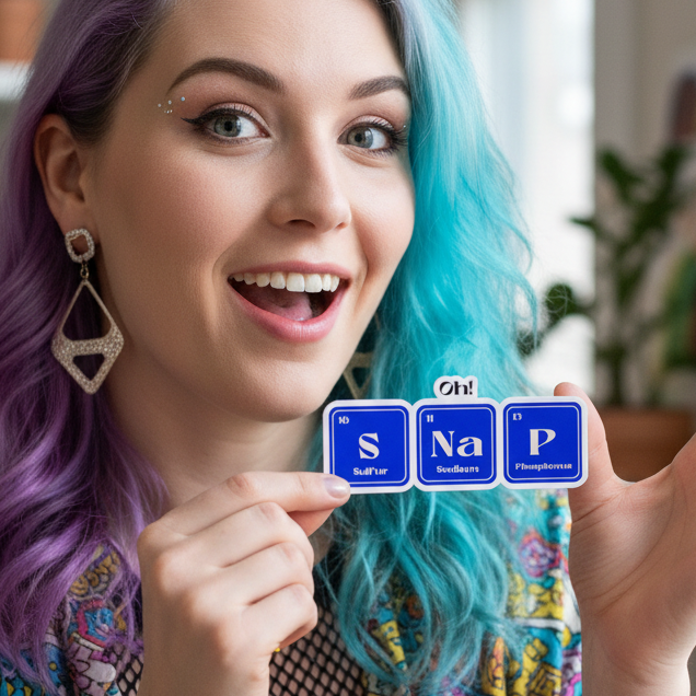 Oh! SNaP Bubble-Free Stickers in blue spell “SNAP” with chem symbols; person with blue-purple hair, pride stickers behind