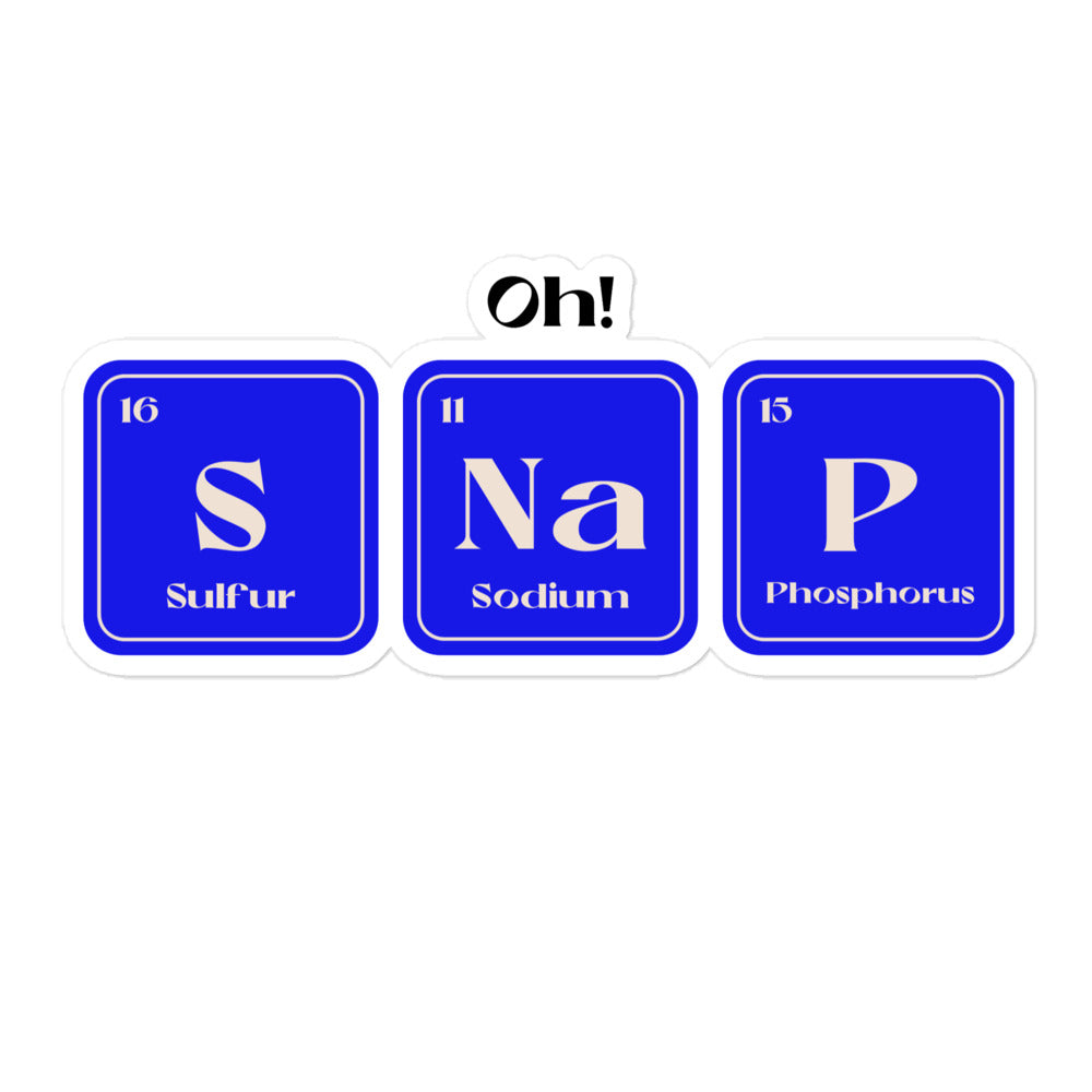 Blue sticker spelling “Oh! SNaP” with three periodic-table element panels