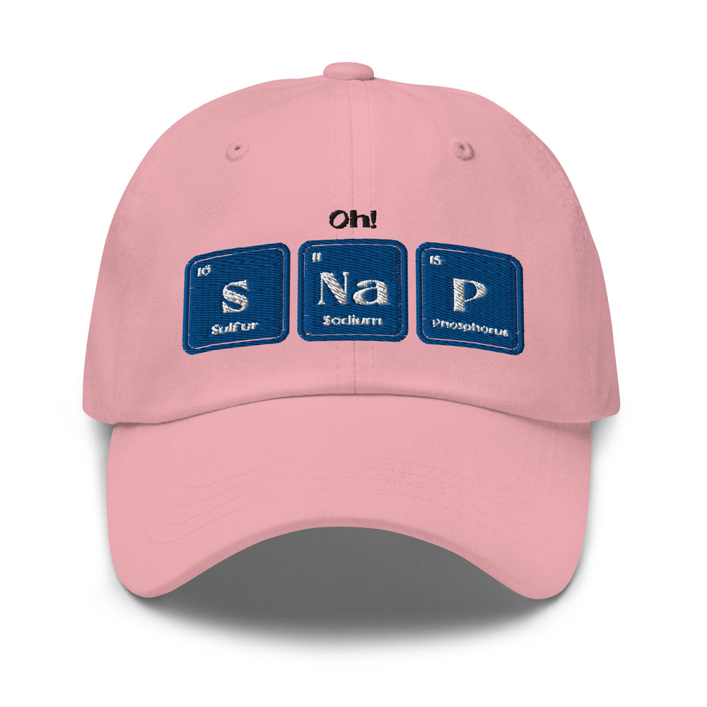 Pink Oh! SNaP Cap, queer hat with “Oh! S Na P” in blue periodic table tiles on front