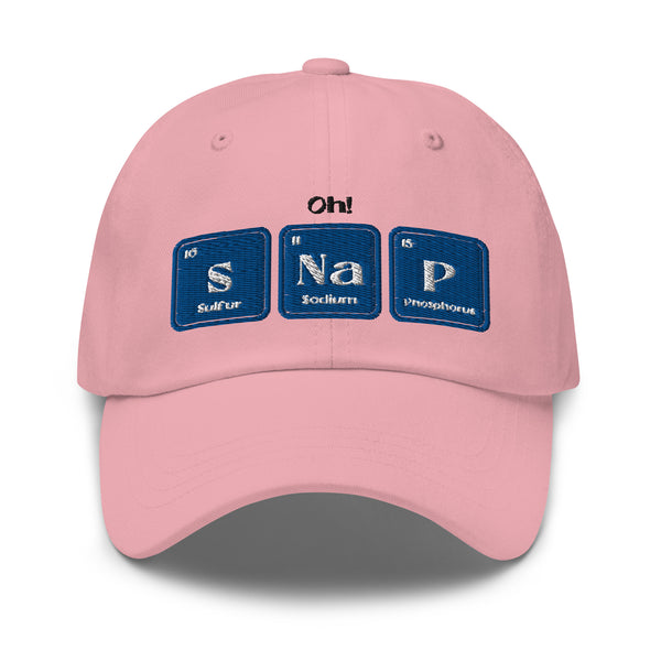 Pink Oh! SNaP Cap, queer hat with “Oh! S Na P” in blue periodic table tiles on front