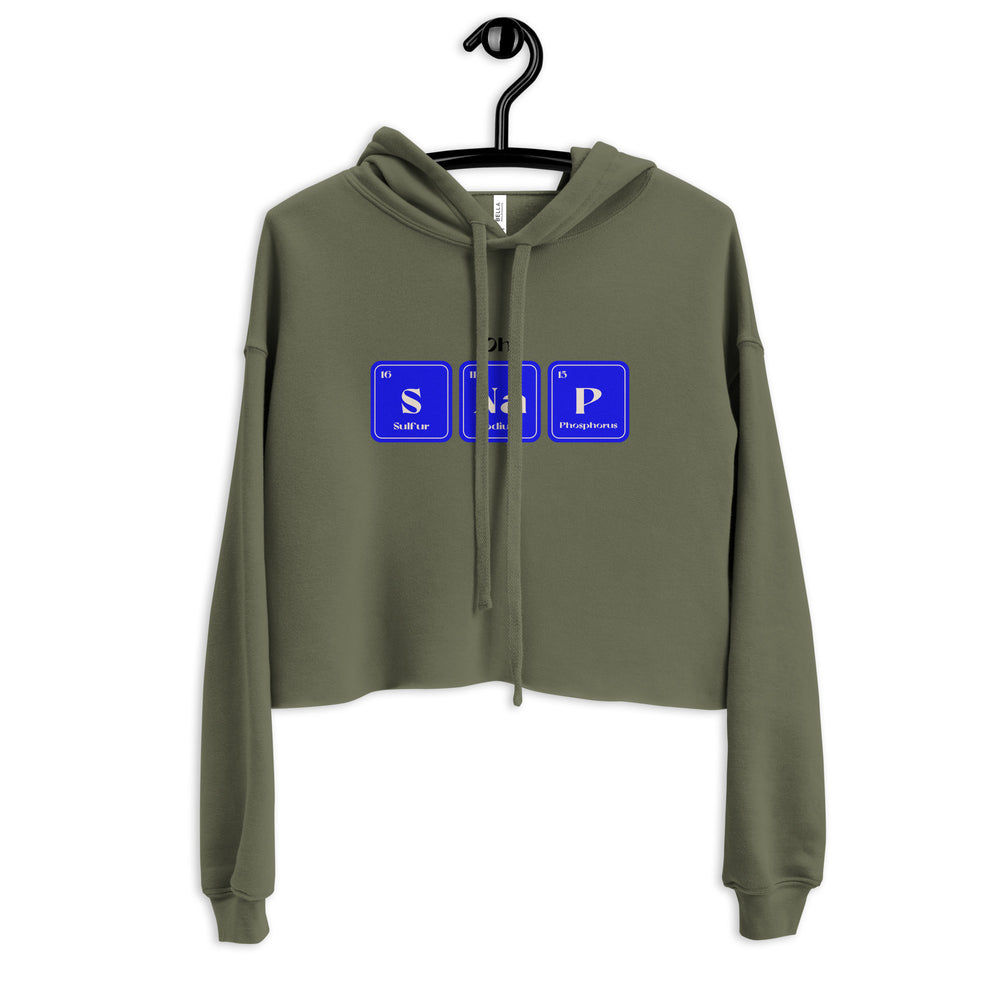 Olive green crop hoodie on black hanger, blue periodic table tiles spelling "SNaP" with "Oh" above; queer science pride