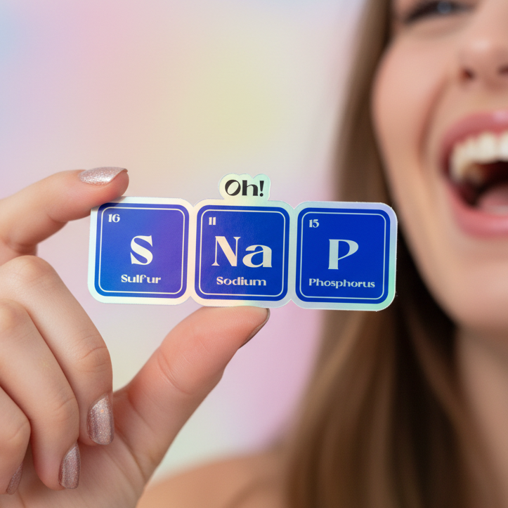 Holographic vinyl sticker with blue “S, Na, P” periodic table symbols spelling “SNAP” and tiny “Oh!” above, held