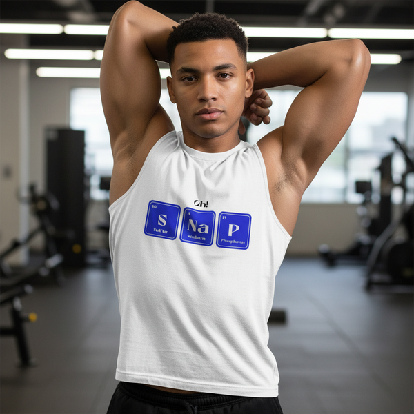 Person stretching in a gym, wearing a white muscle tank with blue S, Na, and P tiles