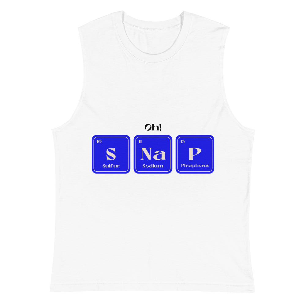 White muscle tank top featuring “Oh!” above blue elemental blocks spelling “S Na P”; bold