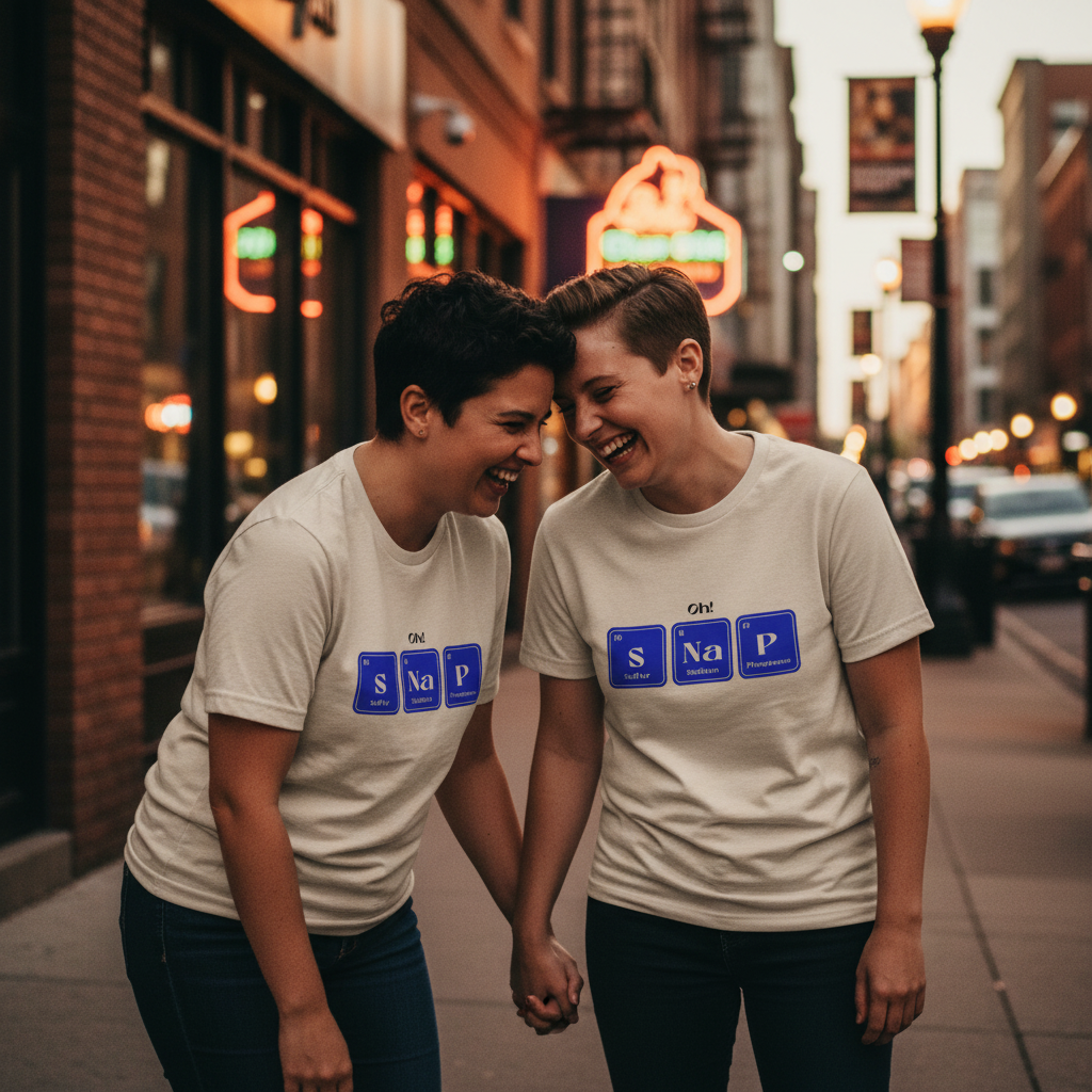 Matching "Oh! SNaP" T-shirts on two queer folks holding hands