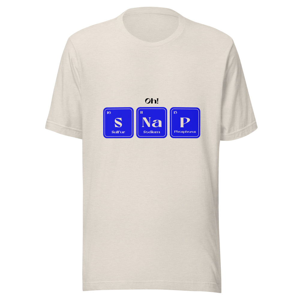 Front view of an off-white T-shirt with blue S, Na, and P element-style squares and “Oh!” above