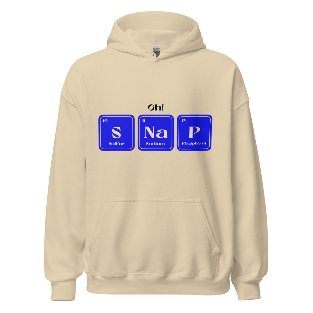 Front-facing cream hoodie with blue periodic-table tiles spelling “S Na P” and “Oh!” above