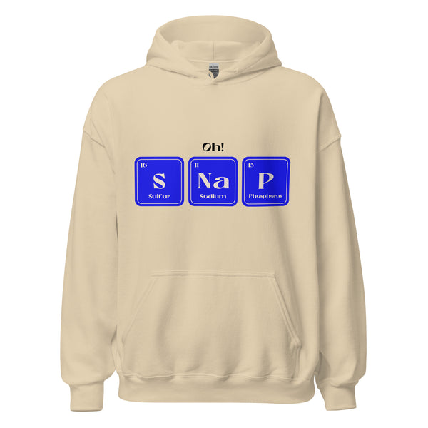 Front-facing cream hoodie with blue periodic-table tiles spelling “S Na P” and “Oh!” above