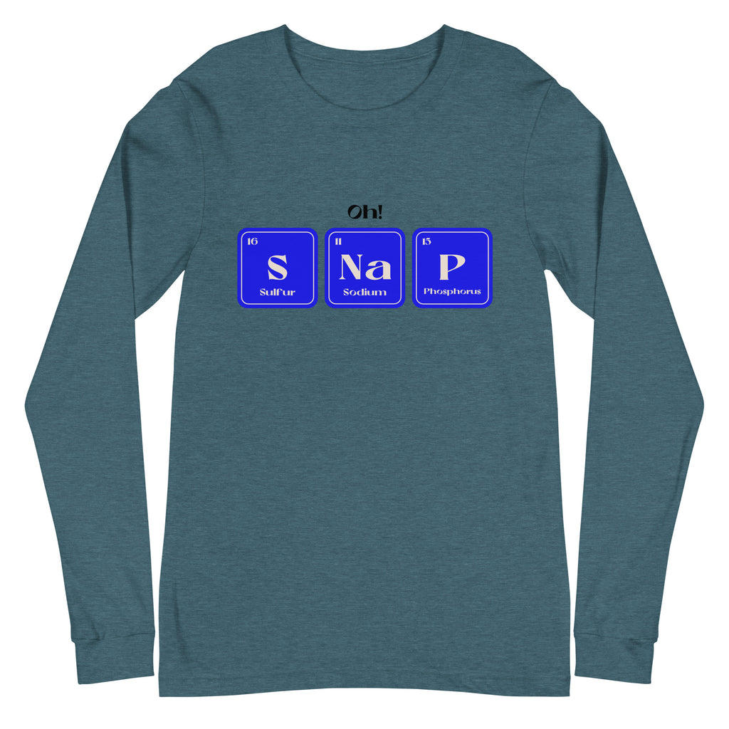 Front-facing teal long-sleeve shirt with “Oh!” above blue S, Na, and P element tiles
