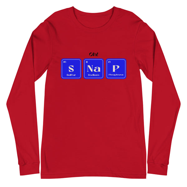 Red long-sleeve shirt with “Oh!” above blue S Na P element tiles