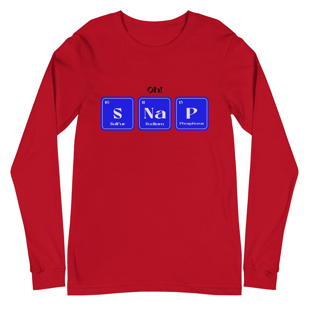 Red long-sleeve shirt with “Oh!” above blue S Na P element tiles