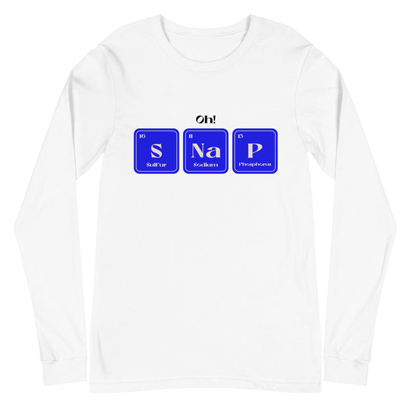 Front view of a white long-sleeve shirt with blue SNaP element tiles and “Oh!” above