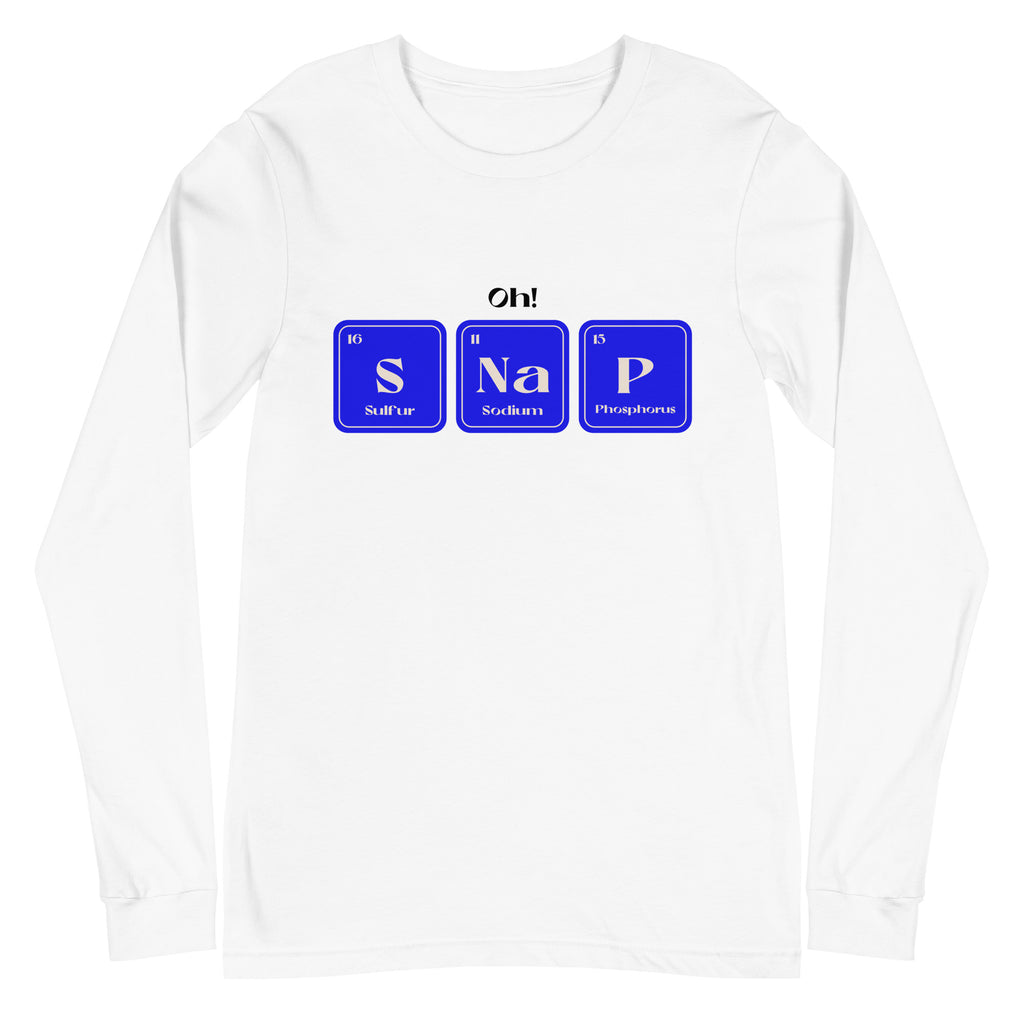 Front view of a white long-sleeve shirt with blue SNaP element tiles and “Oh!” above