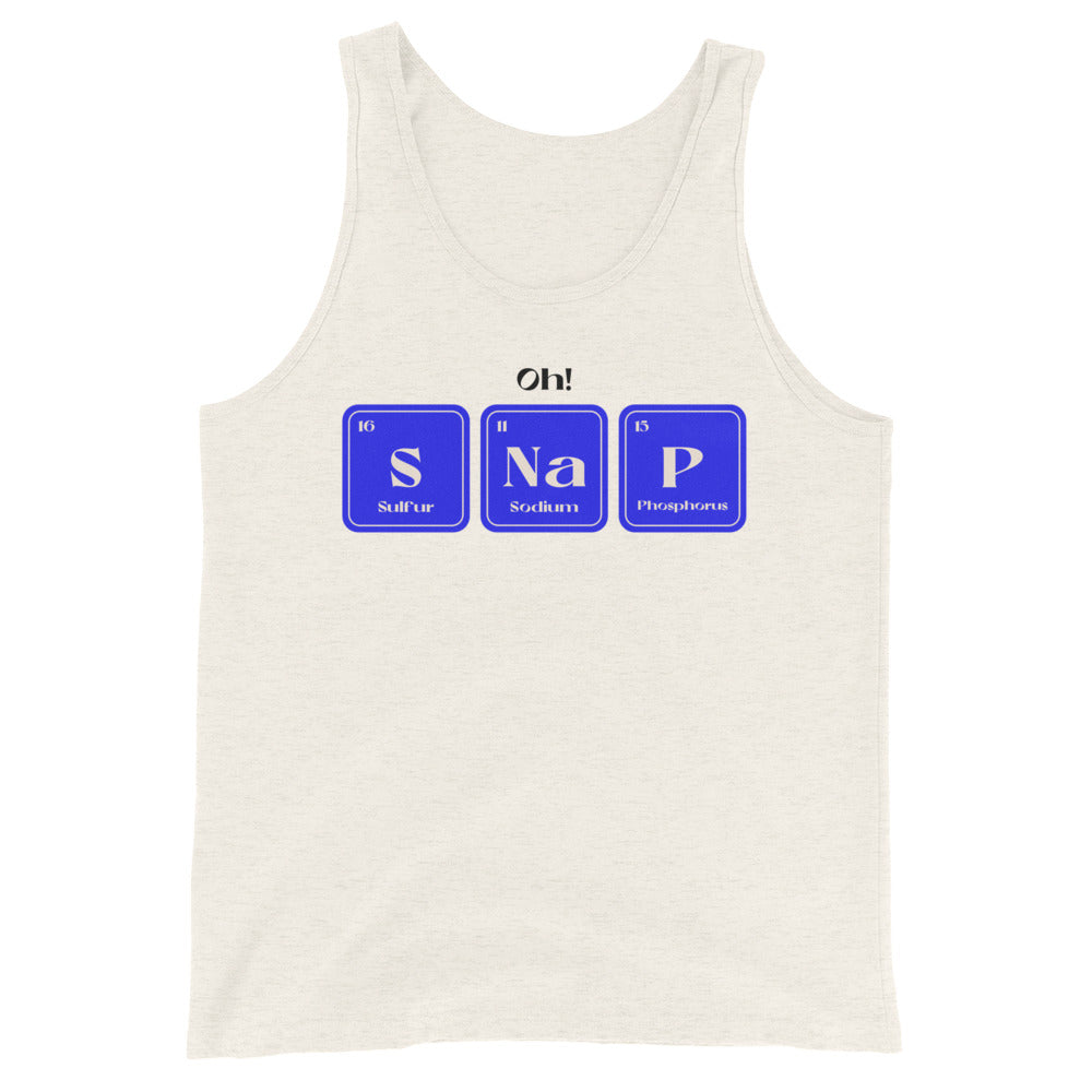 Front view of a cream tank top with blue S Na P element tiles and “Oh!” above