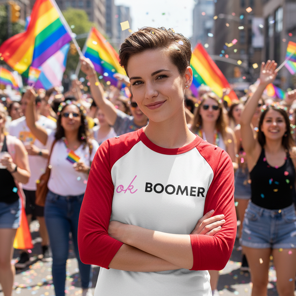 OK Boomer 3/4 Sleeve Raglan Shirt worn by a short-haired person