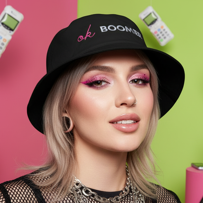 Ok Boomer bucket hat on someone with long blonde hair, bold pink makeup, piercings