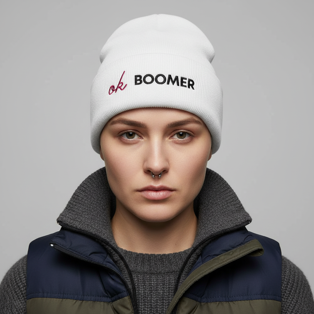 White Ok Boomer cuffed beanie on a person in a gray sweater, navy puffer vest, septum piercing; plain light gray backdrop.