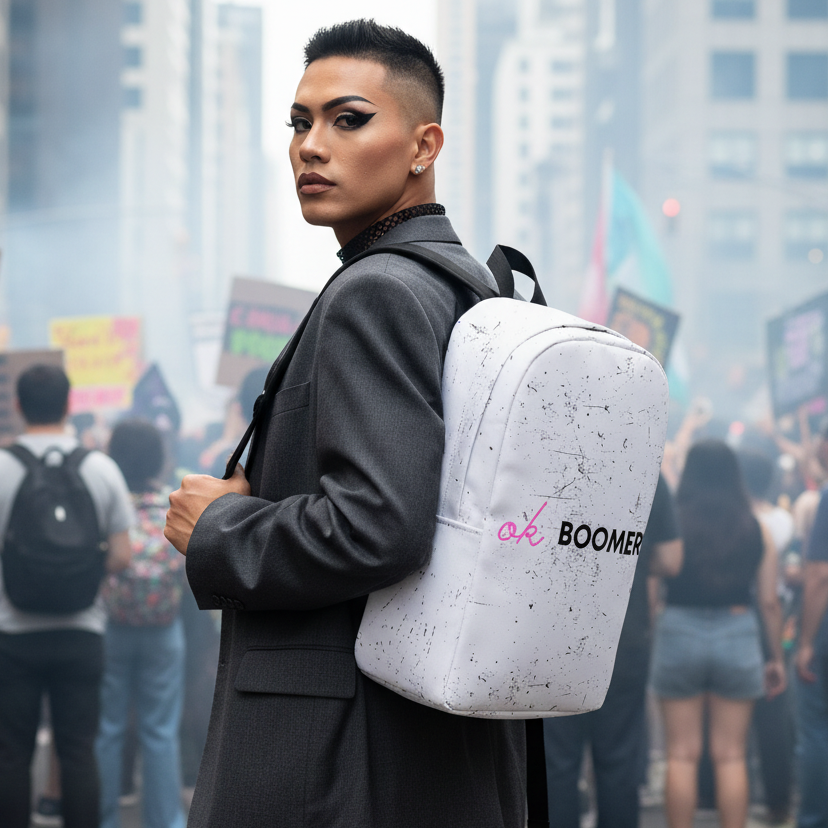 Ok Boomer Minimalist Backpack, carried by a glam queer in a gray suit at a city protest