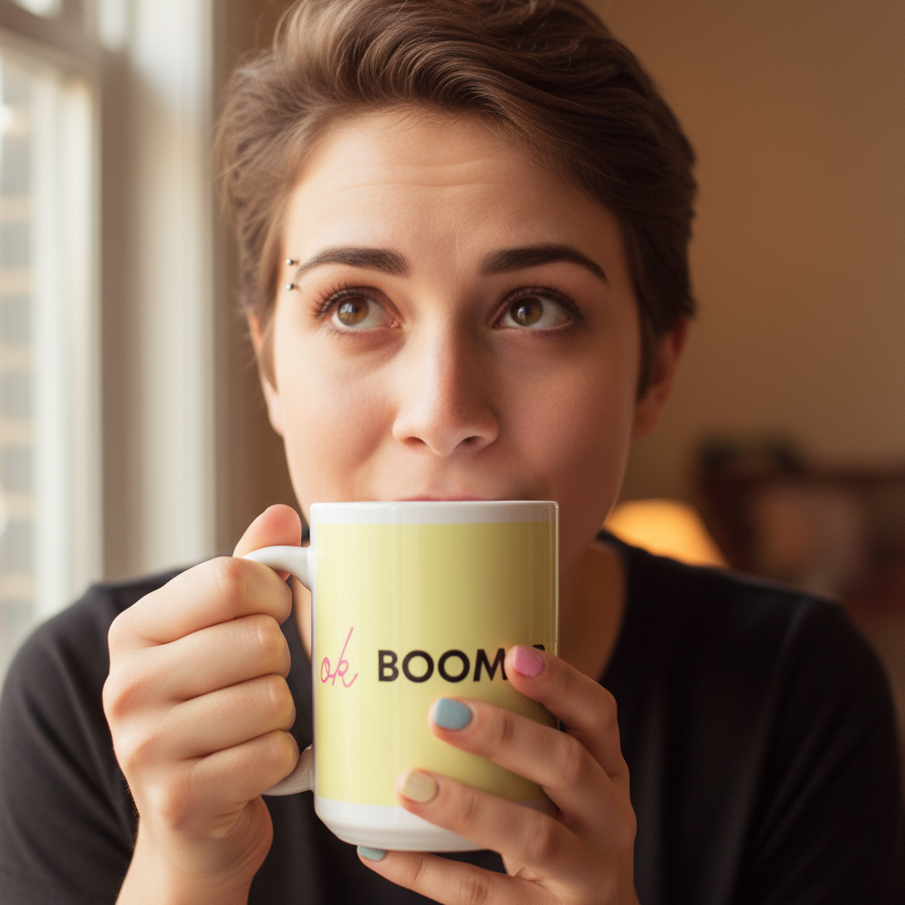 Person holding pale yellow ceramic mug, held ceramic mug; mug with “Ok Boomer” design