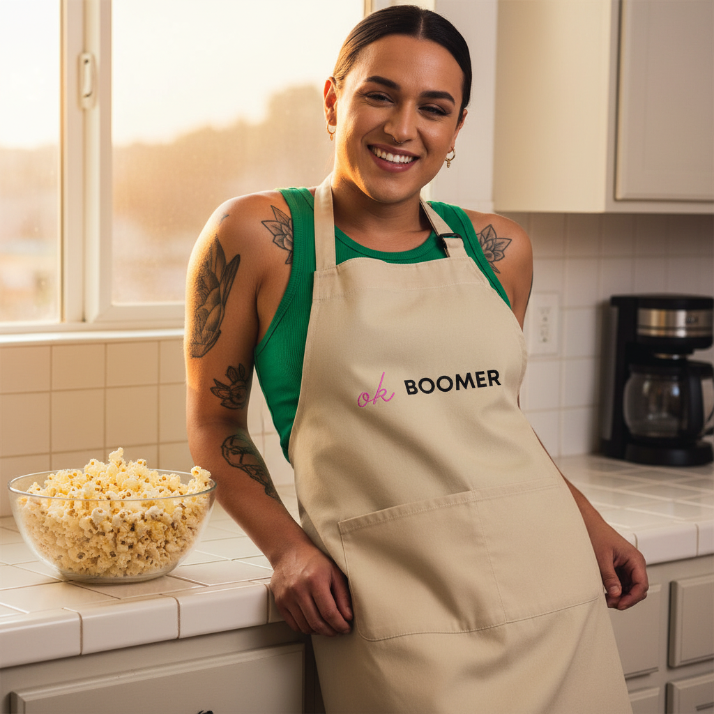Smiling person in a green top wears a beige apron reading “ok BOOMER” in a kitchen