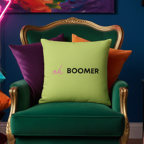 Ok Boomer pillow on green and gold ornate armchair, with queer decor: purple and orange pillows, teal wall, painting