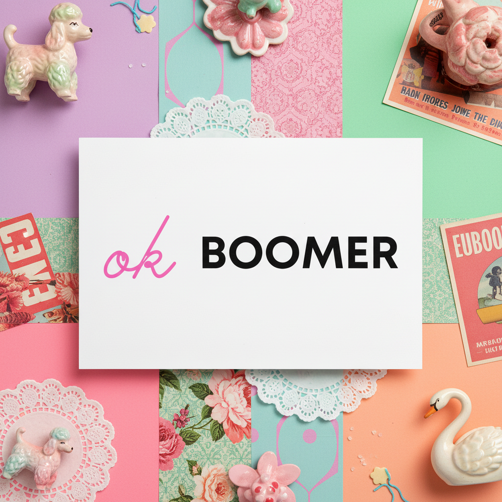 Postcard with bold “Ok Boomer” text over a vibrant retro background, floral prints, lace doilies, figurines