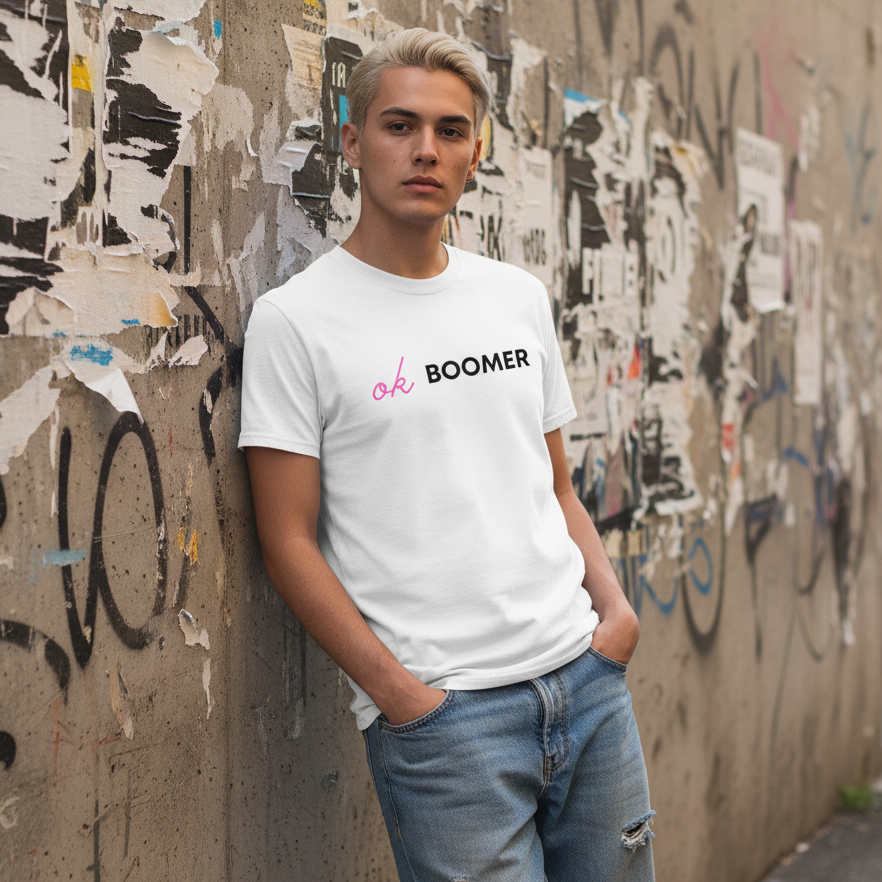 White unisex Ok Boomer T-Shirt, pride tee, worn by a person with bleached-blond hair and light blue jeans at a graffiti wall