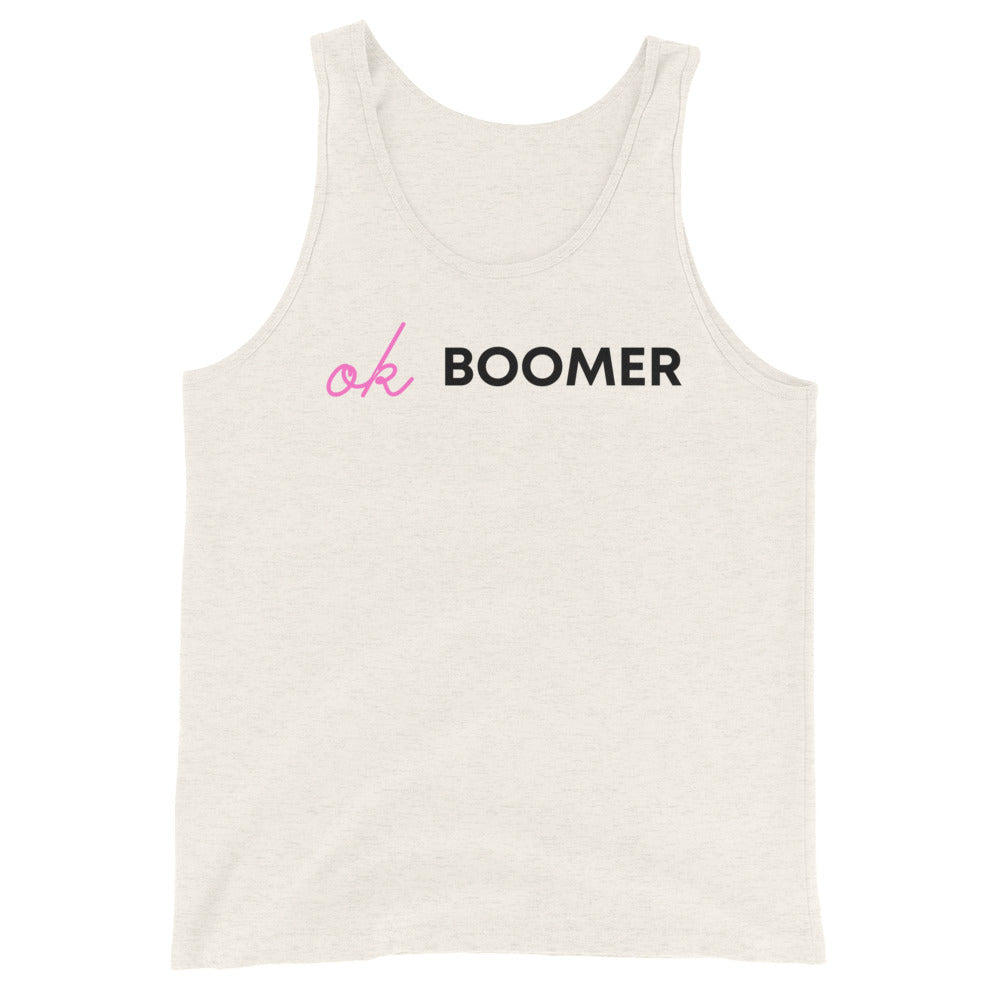 Front view of an off-white tank top reading “Ok BOOMER” in pink and black