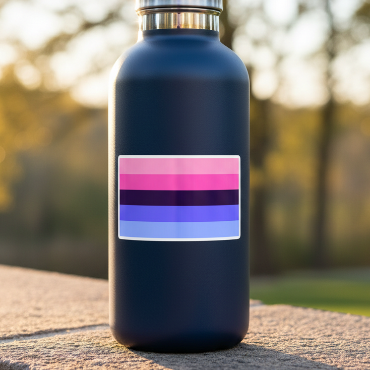 Navy blue water bottle with a rectangular omnisexual flag vinyl sticker outdoors on stone